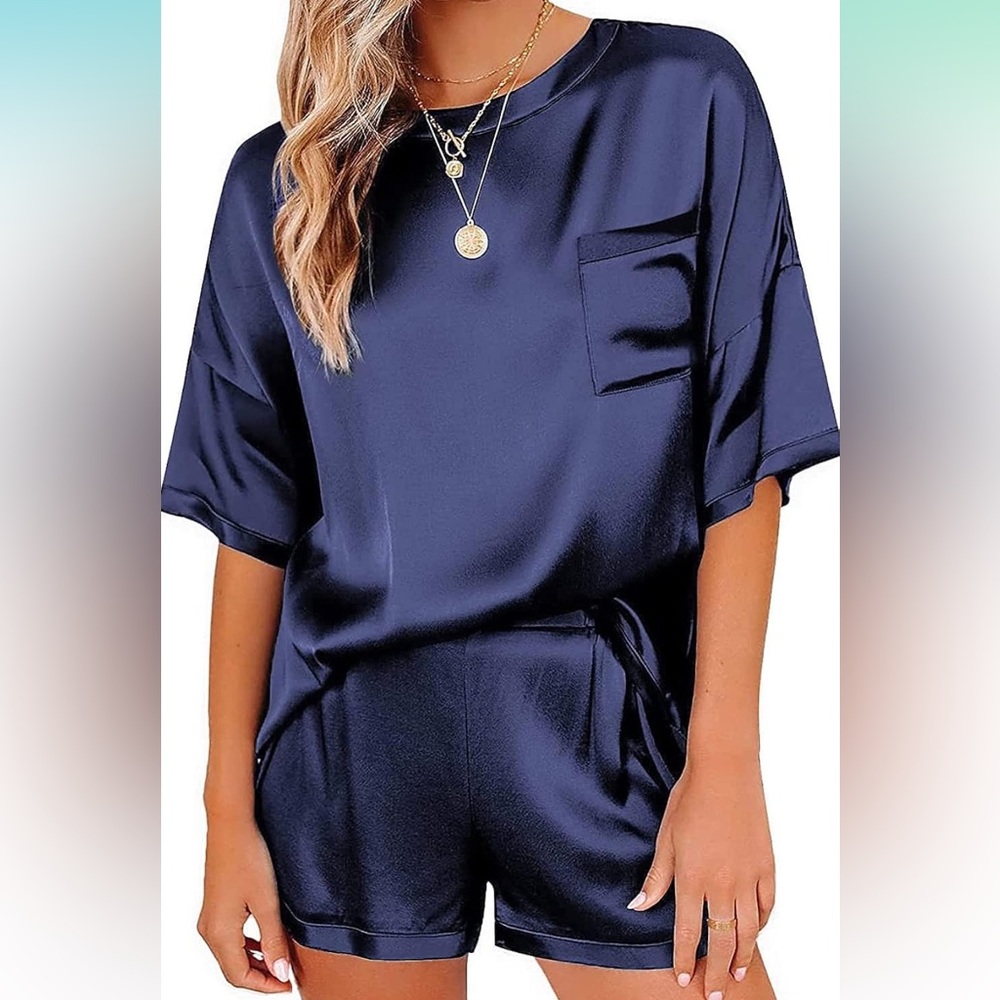 Navy Satin Pajama Set